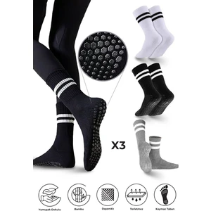 Bambu Kadın Kaydırmaz Taban Silikon Baskı Pilates Yoga Fitness Dans Aktivite Tenis Çorabı 3'lü Paket