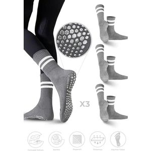 Bambu Kadın Kaydırmaz Taban Silikon Baskı Pilates Yoga Fitness Dans Aktivite Tenis Çorabı 3'lü Paket
