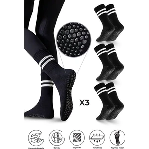 Bambu Kadın Kaydırmaz Taban Silikon Baskı Pilates Yoga Fitness Dans Aktivite Tenis Çorabı 3'lü Paket