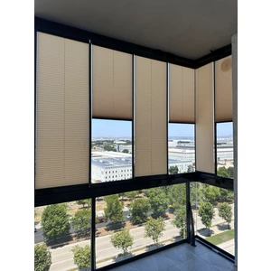 Bej Plise Katlanır Cam Balkon Perdesi, Ofis Perdesi, Mutfak Perdesi, Salon Perdesi