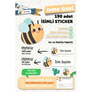 Okul Etiketi Kalem Defter Etiketi Arı ve Kaktüs Temalı Özel Isim Yazılabilen Etiket - 190 Adet