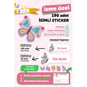 Okul Etiketi Kalem Defter Etiketi Kelebek Temalı Özel Isim Yazılabilen Etiket - 190 Adet
