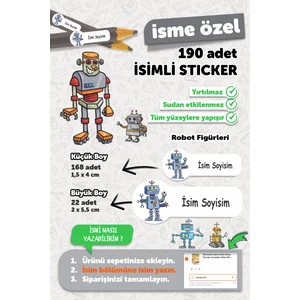 Okul Etiketi Kalem Defter Etiketi Robot Temalı Isim Yazılabilen Etiket - 190 Adet