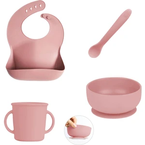 Meleni Baby 4'lü Silikon Bebek Beslenme Seti- Vakumlu Kase - Mama Önlüğü - Kulplu Bardak - Kaşıyıcı Kaşık -Pembe