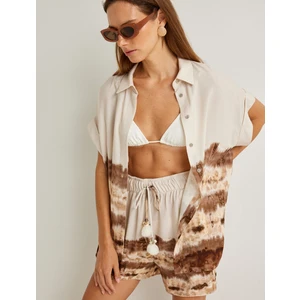 x Şahika Ercümen - Keten Karışımlı Gömlek Batik Desenli Kısa Kollu