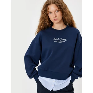 Oversize Sweatshirt Bisiklet Yaka Sloganlı Kumaş Detaylı