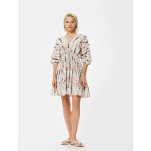 x Şahika Ercümen - Mini Balon Kol Elbise Batik Desenli V Yaka Katlı Pamuklu