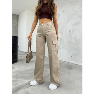 Bej Kargo Cepli Likralı  Yüksek Bel Wide Leg Pantolon
