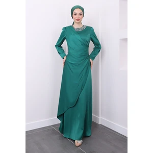 Yeşil Drapeli Taşlı Saten Abiye