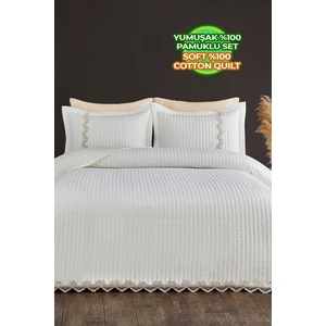 Evlen Home Collection Kapitone Mihrimah Dantelli 3 Parça Yatak Örtüsü Çift Kişilik Krem