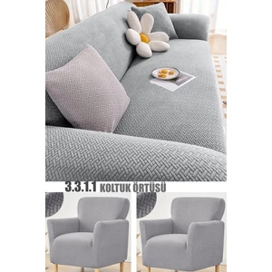 Jakarlı Tuğla Desen Streç Lastikli Koltuk Örtüsü Takımı 3 3 1 1 Esnek Kanepe Çekyat Kılıfı