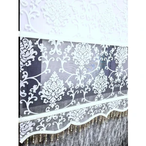 Simli Boncuklu Damask Desenli Çift Mekanizmalı Tül Stor Perde Ekru MT1018SB