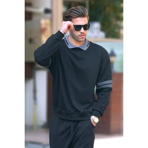 Siyah Polo Yaka Oversize Kolu Şeritli Erkek Sweatshirt 7048