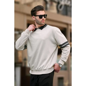 Bej Polo Yaka Oversize Kolu Şeritli Erkek Sweatshirt 7048