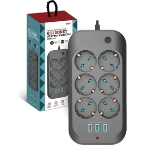 The Wlue Çoklu 6'lı Priz Akım Korumalı 3xusb 3.4A 2500 Watt 2 Metre Uzatma Kablosu Anahtarlı Çocuk Korumalı