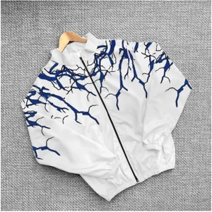 By Srt Giyim Paraşüt Kumaş Yıldırım Baskılı Oversize Beyaz Su Geçirmez Rüzgarlık Yağmurluk