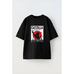 Catzilla Tasarım Baskılı Pamuk Sıyah Oversize T-Shirt