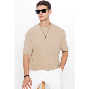 Oversize Geniş Kesim Pamuklu Yumuşak Dokulu Basic Bisiklet Yaka Bej Tişört