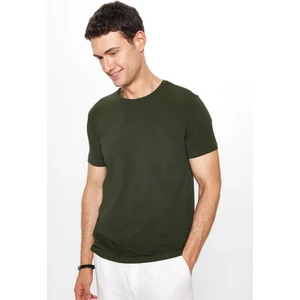 Erkek Slim Fit Dar Kesim Pamuklu Yumuşak Dokulu Esnek Kumaş Düz Basic Haki Bisiklet Yaka Tişört