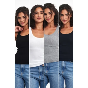 Kadın Siyah-Beyaz-Gri-Lacivert Fitilli Görünümlü Askılı Kalın 4'lü Basic Atlet Bluz MTLCB92