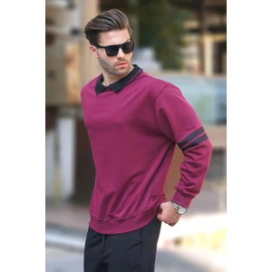 Bordo Polo Yaka Oversize Kolu Şeritli Erkek Sweatshirt 7048