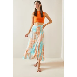 Turkuaz Çiçek Desenli Düğmeli Midi Etek 5YXK7-48826-13