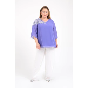 Lilas Xxl Büyük Beden Lila Renkli Şifon V Yaka Abiye Bluz
