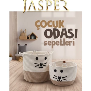 Jasper Bej Ikili Jüt Ip Kedi Tasarımlı Çok Amaçlı Çocuk Odası Oyuncak Kıyafet Kirli Sepeti Organizer