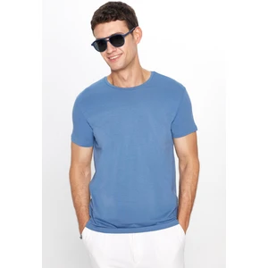 Erkek Slim Fit Dar Kesim Pamuklu Yumuşak Dokulu Esnek Kumaş Düz Basic Mavi Bisiklet Yaka Tişört