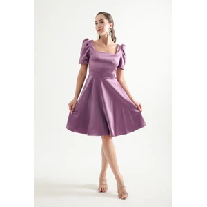 Kadın Lavanta Balon Kol Kloş Kesim Mini Saten Abiye Elbise