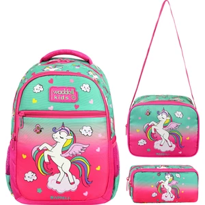 Lisanslı Su Yeşili-Fuşya Unicorn Desenli Kız Çocuk Ilkokul Sırt Çantası,beslenme Çantası ve Kalemlik