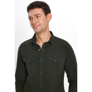 Erkek Slim Fit Dar Kesim Uzun Kollu Denim Yıkamalı Çift Cepli Haki Spor Yaka Gömlek