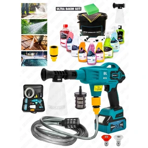 Alman 3800 Vf 100 Bar Kömürsüz Şarjlı Oto Yıkama Makinesi Çift Akü Bahçe Yıkama + 12 Pcs Bakım Seti