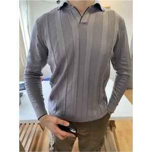 Tarz Cool Füme Erkek Kalın Şeritli Polo Yaka Triko T-Shirt