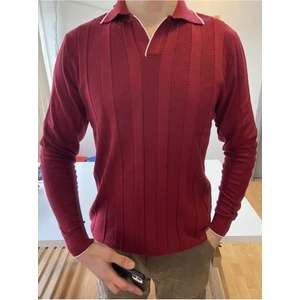 Tarz Cool Bordo Erkek Kalın Şeritli Polo Yaka Triko T-Shirt