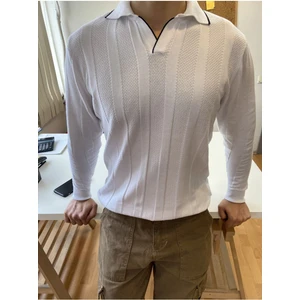 Tarz Cool Beyaz Erkek Kalın Şeritli Polo Yaka Triko T-Shirt