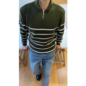 Cool Tarz Haki-Beyaz Erkek Regular Fermuarlı Balıkçı Triko Kazak