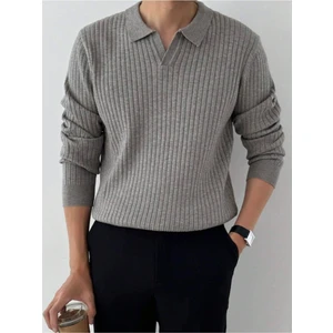 Tarz Cool Koyu Gri Erkek Polo Yaka Fitilli Triko Kazak