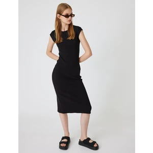 Midi Slip Elbise Bisiklet Yaka Kap Kol Slim Fit