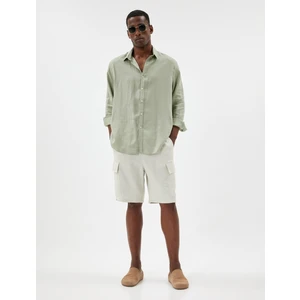 Keten Karışımlı Şort Bermuda Beli Bağcıklı Cep Detaylı