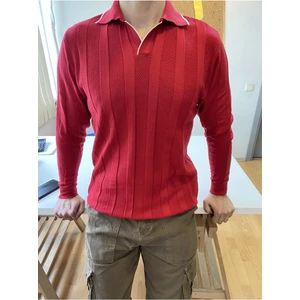 Tarz Cool Kırmızı Erkek Kalın Şeritli Polo Yaka Triko T-Shirt