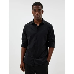 Yarım Italyan Yaka Gömlek Basic Uzun Kollu Pamuk Karışımlı