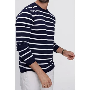 Cool Tarz Erkek Lacivert Bisiklet Yaka Çizgili Casual Triko Kazak