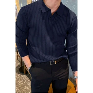 Tarz Cool Lacivert Erkek Polo Yaka Fitilli Triko Kazak