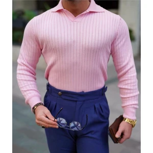 Tarz Cool Pembe Erkek Polo Yaka Fitilli Triko Kazak