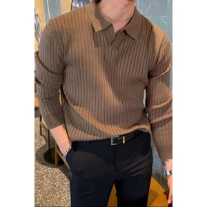 Tarz Cool Kahve Erkek Polo Yaka Fitilli Triko Kazak