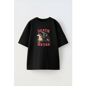 Death Metal Tasarım Baskılı Pamuk Sıyah Oversize T-Shirt