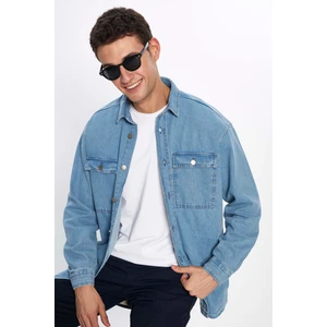 Oversıze Denim Çift Cep Kapaklı Çıtçıtlı Erkek Kot Gömlek