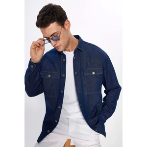 Erkek Oversize Geniş Kesim Uzun Kollu Denim Kapaklı Çift Cep Lacivert Gömlek