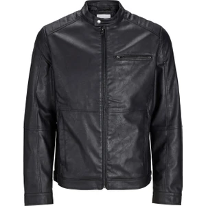 Jack & Jones Erkek Siyah Renk Bıker Deri Ceket 12261196